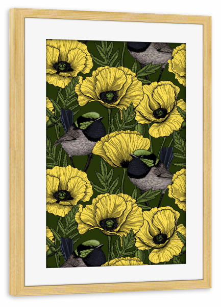Poster mit Rahmen kiefer "Yellow poppies and wrens" artboxONE - Floral