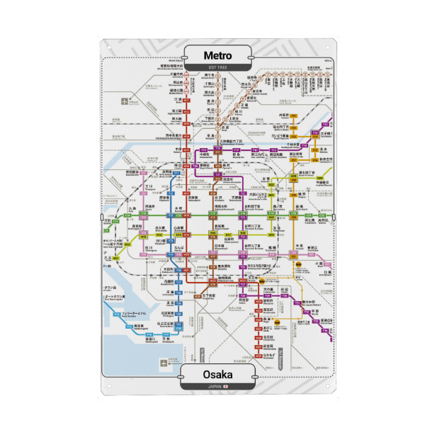 Metall Poster "U-Bahn – Osaka" artboxONE - Städte,Architektur,Kartografie - Stadt,Städtisch,U-bahn,Transit,Schiene,Transport,Karte,Fluss,Japan,Osaka