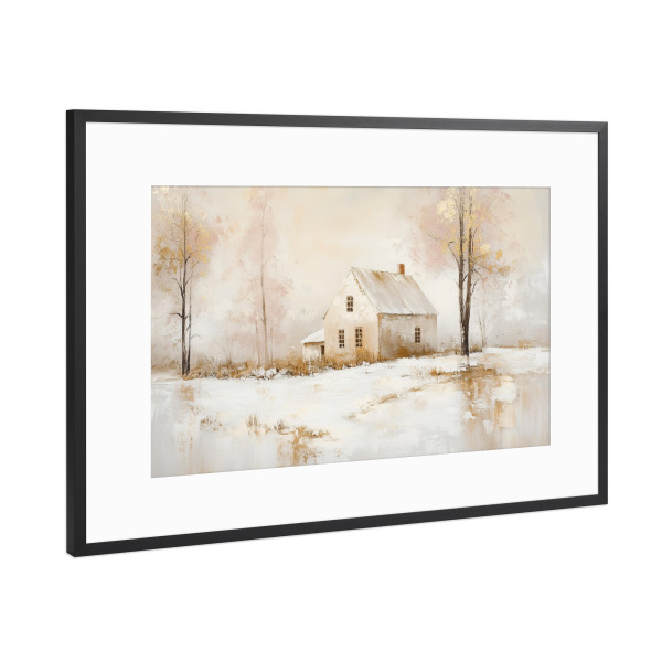Poster mit Rahmen Schwarz (Metallic) "Bauernhaus im Winter" artboxONE - Natur,Architektur,Weihnachten