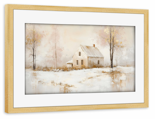 Poster mit Rahmen kiefer "Bauernhaus im Winter" artboxONE - Natur,Architektur,Weihnachten - Bauernhaus,Bauernhausdekor,Winter,Haus,Schnee,Verschneit