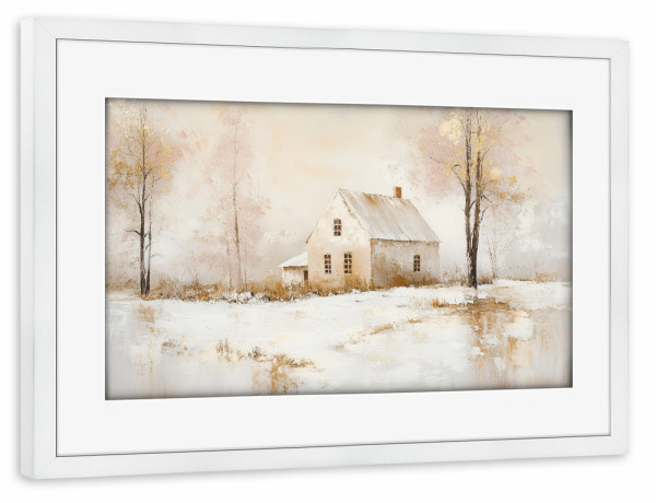 Poster mit Rahmen weiß "Bauernhaus im Winter" artboxONE - Natur,Architektur,Weihnachten - Bauernhaus,Bauernhausdekor,Winter,Haus,Schnee,Verschneit