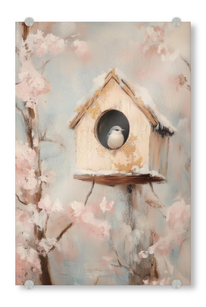 Acrylglasbild "Vogelhaus" artboxONE - Natur,Floral,Für Kinder,Tiere,Fiktion - Kolibri,Vogelhaus,Blumen,Blume,Frühling,Tier,Vogel,Märchen
