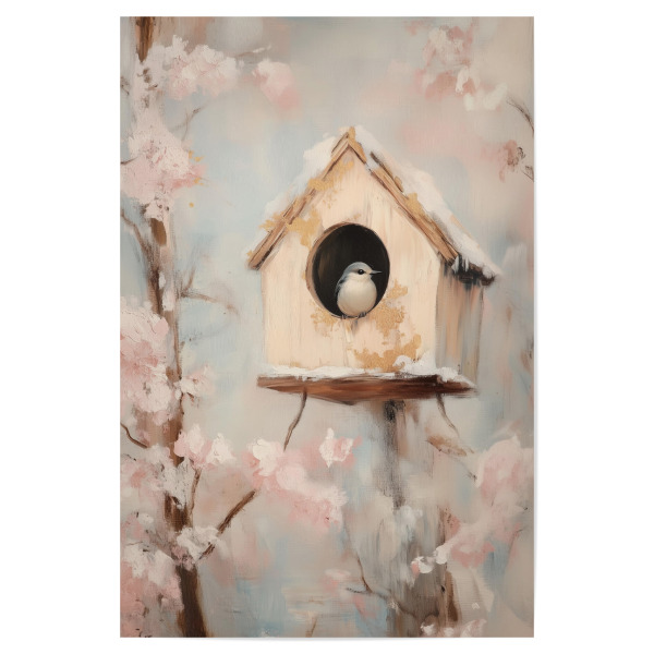Poster 30x20 cm "Vogelhaus" artboxONE - Natur,Floral,Für Kinder,Tiere,Fiktion - Kolibri,Vogelhaus,Blumen,Blume,Frühling,Tier,Vogel,Märchen
