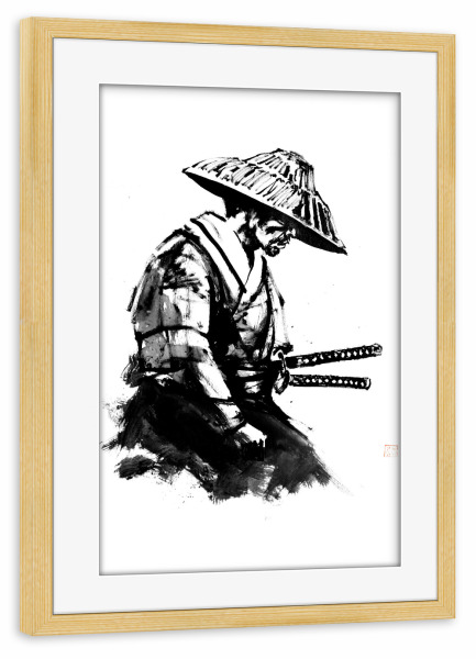 Poster mit Rahmen kiefer "Wartender Samurai" artboxONE - Schwarzweiß,Reise / Asien,Männer - Samurai,Sumie,Japan
