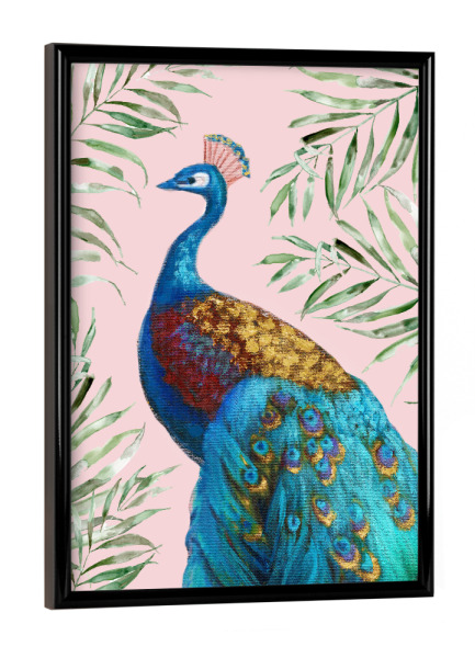 Poster mit schwarzem Rahmen "Tropischer Pfau" artboxONE - Natur,Floral,Tiere - Pfau,Tropisch,Blätter,Tier