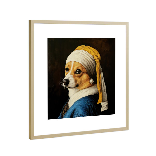 Poster mit Rahmen Gold "Der Corgi mit dem Perlenohrring" artboxONE - Natur,Tiere,Fiktion,Für Mama