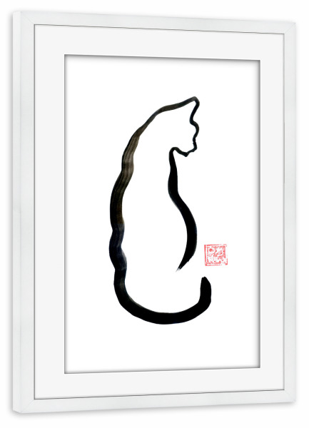 Poster mit Rahmen weiß "Linienkat" artboxONE - Tiere - Katze,Sumie,Japan