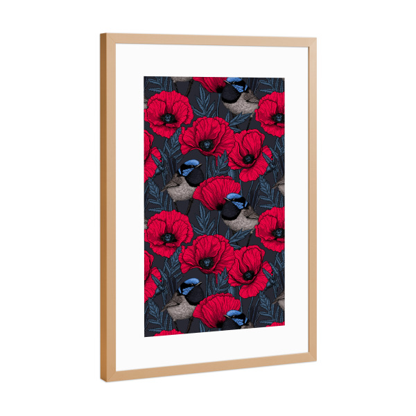 Poster mit Rahmen Kupfer "Feenzaunkönige und Mohnblumen" artboxONE - Floral
