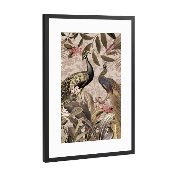 Poster mit Rahmen Schwarz (Metallic) "Vintage Tropical Peacocks Jungle" artboxONE - Natur,Reise,Floral,Tiere