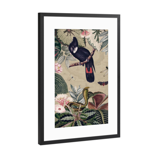 Poster mit Rahmen Schwarz (Metallic) "Exotic Black Cockatoo Jungle" artboxONE - Natur,Reise,Floral,Tiere