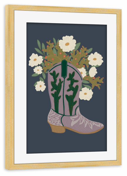 Poster mit Rahmen kiefer "Cactus with Florals in Cowboy Boot" artboxONE - Reise,Floral,Männer