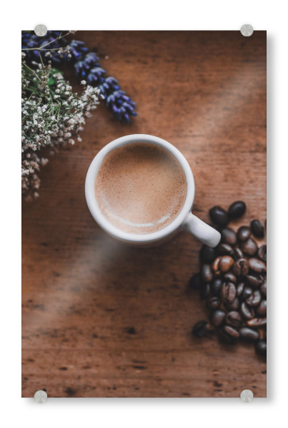 Acrylglasbild "Mediterraner Espresso mit Lavendel" artboxONE - Natur,Floral,Essen & Trinken