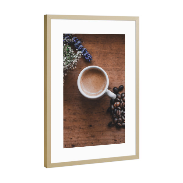 Poster mit Rahmen Gold "Mediterraner Espresso mit Lavendel" artboxONE - Natur,Floral,Essen & Trinken