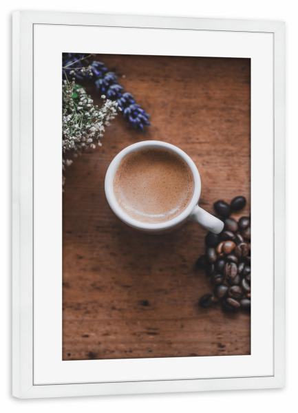 Poster mit Rahmen weiß "Mediterraner Espresso mit Lavendel" artboxONE - Natur,Floral,Essen & Trinken