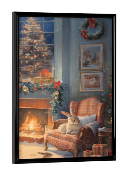 Poster mit schwarzem Rahmen "Kaninchen im Wohnzimmer" artboxONE - Tiere,Weihnachten,Festivals