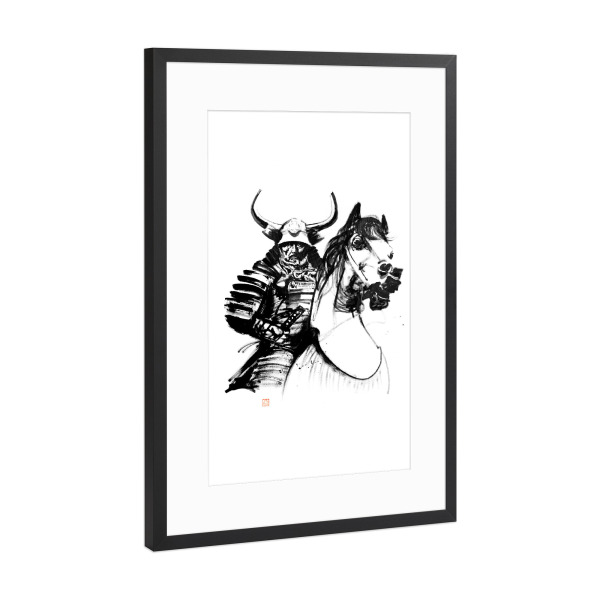 Poster mit Rahmen Schwarz (Metallic) "Samurai zu Pferd" artboxONE - Schwarzweiß,Reise / Asien - Pferd,Samurai,Sumie,Japan
