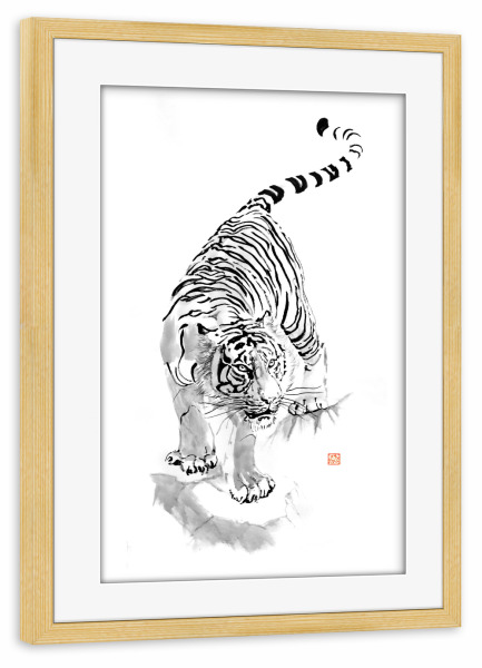 Poster mit Rahmen kiefer "Tiger-Kakemono" artboxONE - Tiere,Schwarzweiß - Tiger,Sumie,Japan