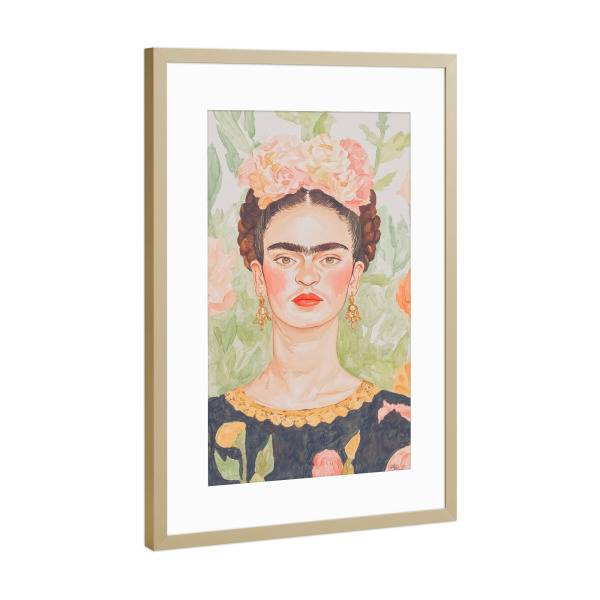 Poster mit Rahmen Gold "Frida-Porträt" artboxONE - Floral,Menschen,Fashion