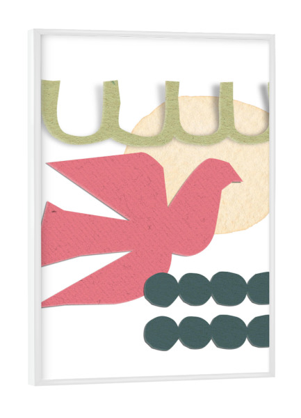 Poster mit weißem Rahmen "Stylized pink bird" artboxONE - Abstrakt - Bird,Abstract,Minimalist,Pink,Green,Geometric,Paper cut,Collage,Modern,Circles