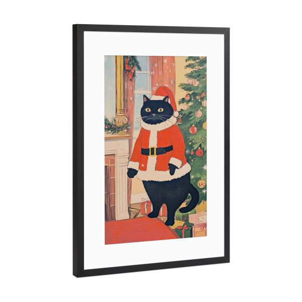 Poster mit Rahmen Schwarz (Metallic) "Schwarzer Katzen-Weihnachtsmann" artboxONE - Tiere,Weihnachten,Festivals,Lustig