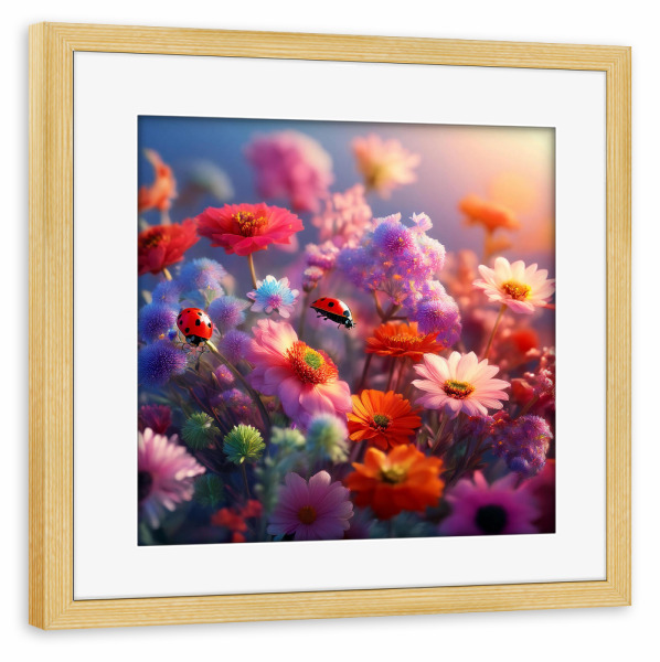 Poster mit Rahmen kiefer "Marienkäfer und Blumen" artboxONE - Floral