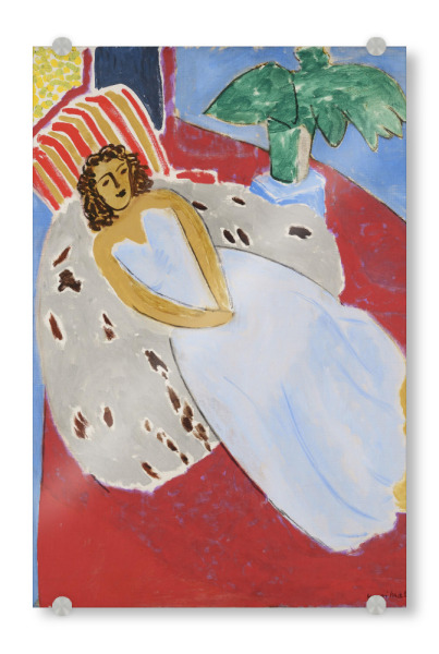 Acrylglasbild "Jeune fille en blanc - Matisse" artboxONE - Menschen - Henri,Matisse,Malerei,Gemälde,Kunst,Frau,Bett,Jeune fille en blanc,Fond rouge