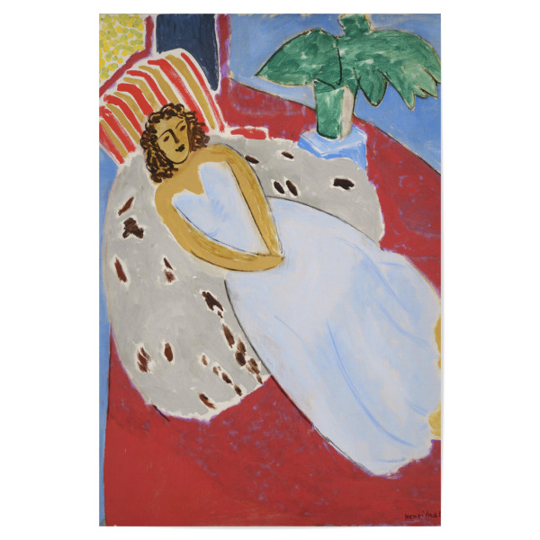 Poster "Jeune fille en blanc - Matisse" artboxONE - Menschen - Henri,Matisse,Malerei,Gemälde,Kunst,Frau,Bett,Jeune fille en blanc,Fond rouge