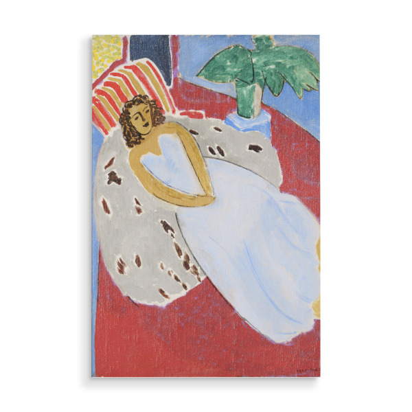 Holzbild "Jeune fille en blanc - Matisse" artboxONE - Menschen - Henri,Matisse,Malerei,Gemälde,Kunst,Frau,Bett,Jeune fille en blanc,Fond rouge