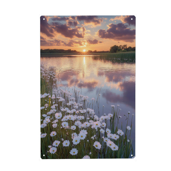 Metall Poster "Floraler Sonnenuntergang" artboxONE - Natur,Reise,Floral - Floral,Pflanzen,Blumen,Sonnenuntergang,See,Fluss,Wasser,Himmel,Wolken,Ki,Ai
