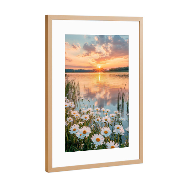 Poster mit Rahmen Kupfer "Blumen beim Sonnenuntergang" artboxONE - Natur,Floral - Blumen,Sonnenuntergang,Floral,Natur,Wolken,Himmel,See,Fluss,Ki,Ai
