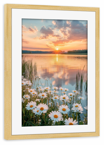 Poster mit Rahmen kiefer "Blumen beim Sonnenuntergang" artboxONE - Natur,Floral - Blumen,Sonnenuntergang,Floral,Natur,Wolken,Himmel,See,Fluss,Ki,Ai