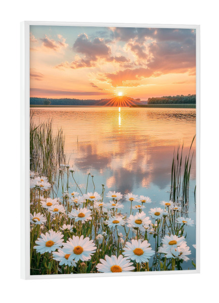 Poster mit weißem Rahmen "Blumen beim Sonnenuntergang" artboxONE - Natur,Floral - Blumen,Sonnenuntergang,Floral,Natur,Wolken,Himmel,See,Fluss,Ki,Ai
