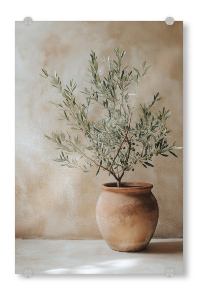 Acrylglasbild "Olivenbaum im Topf" artboxONE - Natur,Floral,Architektur - Oliven,Olivenbaum,Pflanze,Botanisch,Natur,Boho,Bohemian,Topf,Ki,Ai