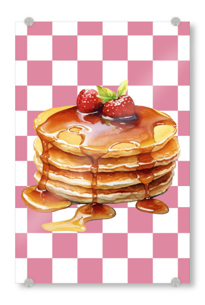 Acrylglasbild "Stack of pancakes" artboxONE - Essen & Trinken,Abstrakt - Pancakes,Strawberries,Syrup,Breakfast,Checkered,Pink,Food,Dessert,Sweet,Stack