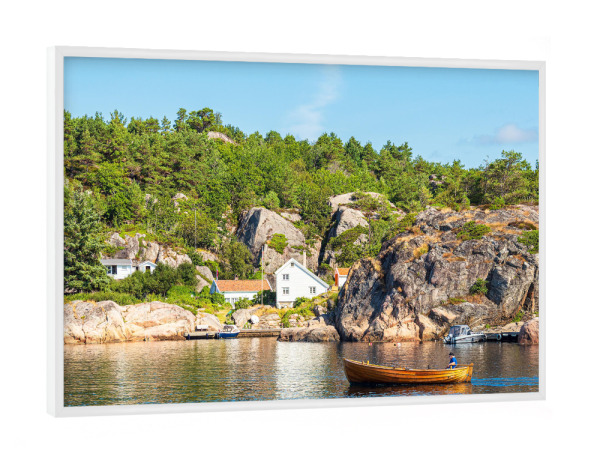 Poster mit weißem Rahmen "Schäreninsel Monsøya mit Boot" artboxONE - Natur,Reise,Reise / Strand und Meer,Reise / Länder