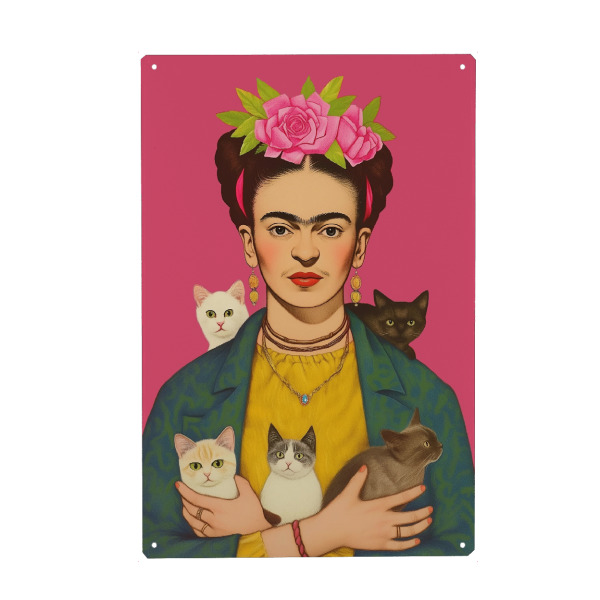 Metall Poster "Frida mit Katzen Babys" artboxONE - Floral,Tiere,Menschen