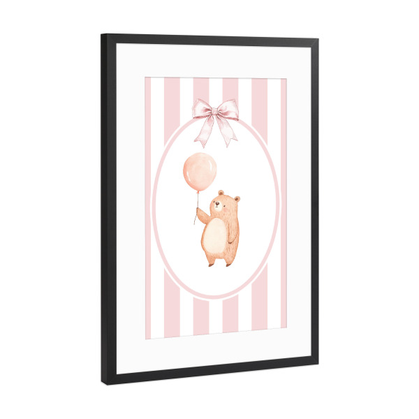Poster mit Rahmen Schwarz (Metallic) "Bär mit rosa Ballon" artboxONE - Für Kinder,Tiere,Für Mama