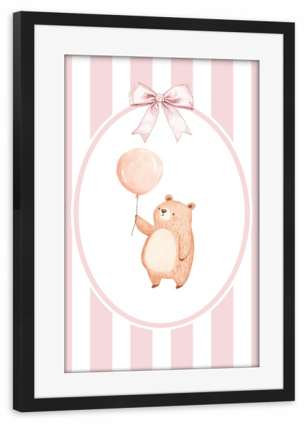 Poster mit Rahmen schwarz "Bär mit rosa Ballon" artboxONE - Für Kinder,Tiere,Für Mama
