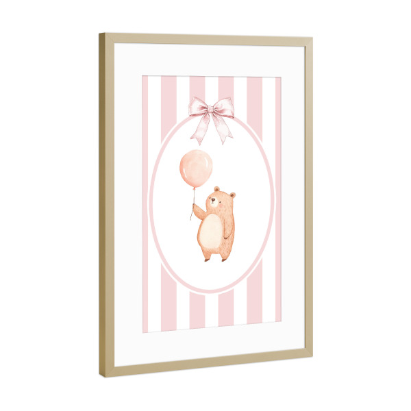 Poster mit Rahmen Gold "Bär mit rosa Ballon" artboxONE - Für Kinder,Tiere,Für Mama