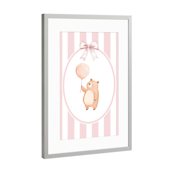 Poster mit Rahmen Silber "Bär mit rosa Ballon" artboxONE - Für Kinder,Tiere,Für Mama