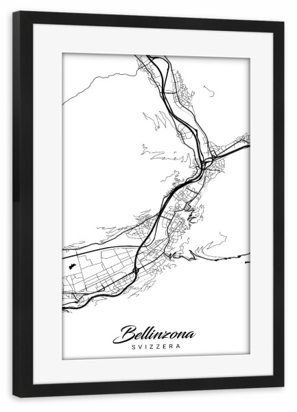 Poster mit Rahmen schwarz "Bellinzona City Map" artboxONE - Schwarzweiß,Städte / Weitere,Kartografie