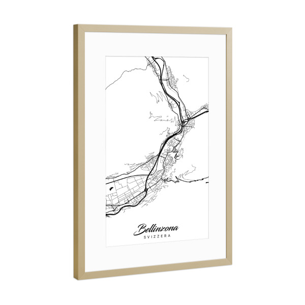 Poster mit Rahmen Gold "Bellinzona City Map" artboxONE - Schwarzweiß,Städte / Weitere,Kartografie