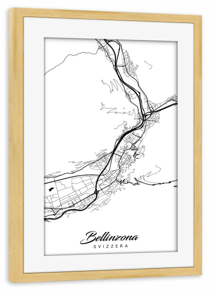Poster mit Rahmen kiefer "Bellinzona City Map" artboxONE - Schwarzweiß,Städte / Weitere,Kartografie