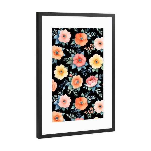 Poster mit Rahmen Schwarz (Metallic) "Nächtliche Blütenlandschaft" artboxONE - Floral