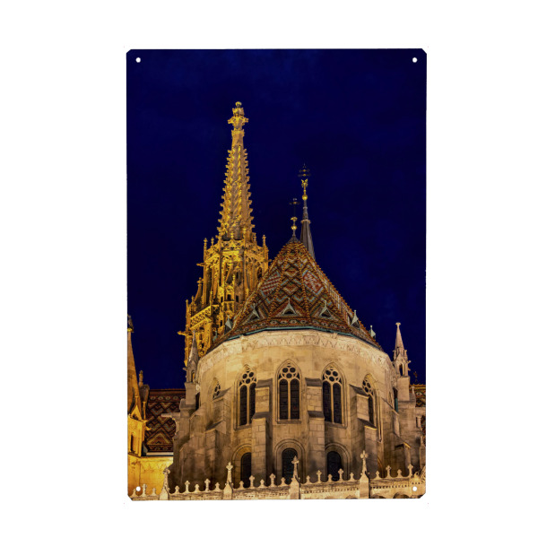 Holzbild "Die Matthiaskirche bei Nacht" artboxONE - Architektur - Budapest,Matthiaskirche,Burgpalast,Fischerbastei,Burgviertel,Altstadt,Kirche
