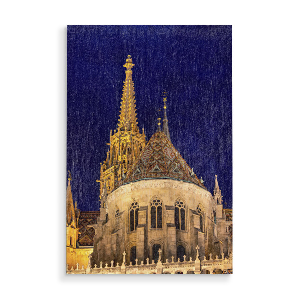 Holzbild "Die Matthiaskirche bei Nacht" artboxONE - Architektur - Budapest,Matthiaskirche,Burgpalast,Fischerbastei,Burgviertel,Altstadt,Kirche