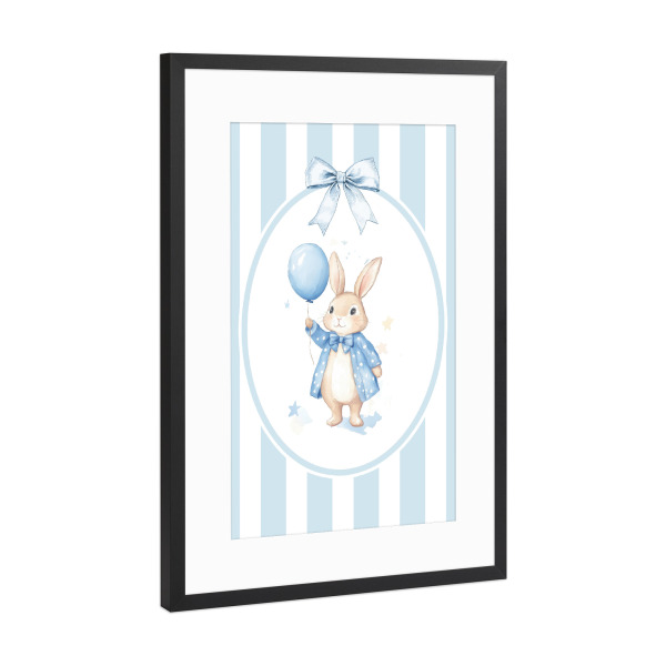 Poster mit Rahmen Schwarz (Metallic) "Kaninchen mit blauem Ballon" artboxONE - Für Kinder,Tiere,Für Mama