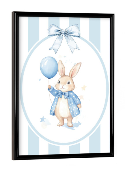 Poster mit schwarzem Rahmen "Kaninchen mit blauem Ballon" artboxONE - Für Kinder,Tiere,Für Mama