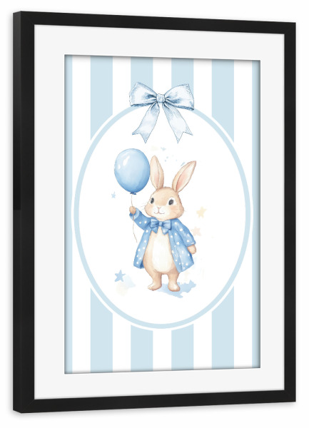 Poster mit Rahmen schwarz "Kaninchen mit blauem Ballon" artboxONE - Für Kinder,Tiere,Für Mama