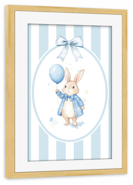 Poster mit Rahmen kiefer "Kaninchen mit blauem Ballon" artboxONE - Für Kinder,Tiere,Für Mama